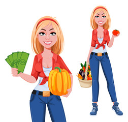 Poster - Happy smiling farm girl, set of two poses