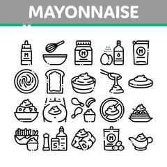 Poster - Mayonnaise Spice Sauce Collection Icons Set Vector. Mayonnaise Bottle And Preparing In Bowl With Mixer, Fry Potato And Meal Concept Linear Pictograms. Monochrome Contour Illustrations