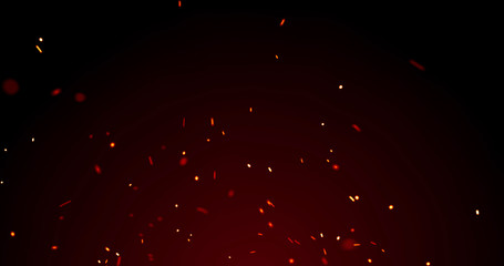 Wall Mural - Fire sparks and red flame sparkles, red light glitter, particles on black background. Golden yellow and red glowing fire flame sparks and heat blaze glittery flares shine