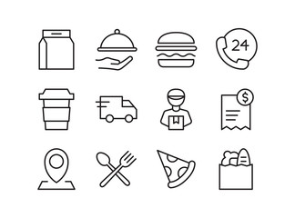 Wall Mural - Food delivery icon set. Contains such Icons as grocery, fast food, courier, and more. Line style design. Vector graphic illustration. Suitable for website design, app, template, ui. Editable stroke.