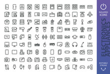 Household Appliances And Electronics Isolated Icons Set. Set Of Refrigerator, Washing Machine, Cooker, Gas Stove, Kettle, Slow Cooker, Vacuum Cleaner, Kitchen Processor, Fitness Bracelet Vector Icon