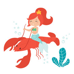 Wall Mural - Cute kawaii mermaid rides on the lobster. Vector illustration for children books and greeting cards.