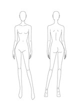 Sketch Of The Female Body. Girl Model. Front And Back View. Female Body Template For Drawing Clothes. You Can Print And Draw Directly On The Thumbnails. Fashion Illustration.