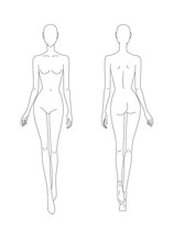 Sketch Of The Female Body. Front And Back View. Put Your Hands In The Length Of The Body, Legs In Motion. Female Body Template For Drawing Clothes. You Can Print And Draw Directly On Sketches.