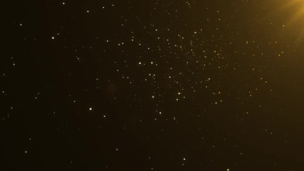 Beautiful gold shimmering
particles with lens flare on black background in slow motion. 3d Animation of Dynamic Wind Particles In The Air With Bokeh.
