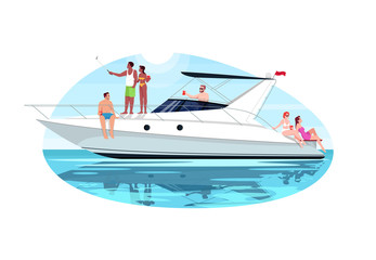 Sticker - Multi racial group on voyage semi flat vector illustration. People sail in ocean on private regatta. Man and woman relax on luxury boat. Multi cultural 2D cartoon characters for commercial use