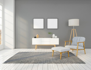 Modern minimal living room with armchair and floor lamp , white sideboard , gray wall and picture frame. 3d rendering