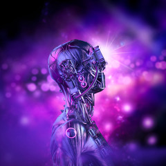 Wall Mural - Cyberpunk dreamer awakens / 3D illustration of science fiction futuristic robot character with glowing bokeh background