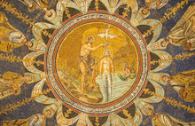 RAVENNA, ITALY - JANUARY 28, 2020: The Ceiling Symbolic Mosaic With Baptism Of Christ In The Center Among The Apostles In  Baptistery Of Neon (Battistero Neoniano From 5. Cent.