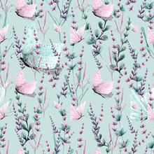 Lavender And Butterfly Hand Painted Watercolor Seamless Pattern. Teal Blue Background. 
