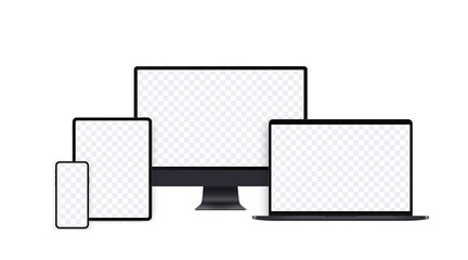 Wall Mural - realistic computer mockup set with desktop, laptop, pad and smartphone. black electronic device set 