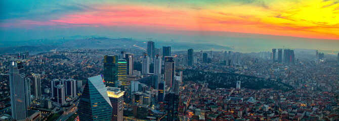 Istanbul sunset skyline aerial panoramic view from Sapphire tower, Levent Financial District, Istanbul Turkey. Beautiful Bosphorus Bridge, business towers, modern offices, central banks, skyscrapers