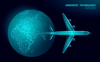 Airplane flying from around planet Earth. Flight up tourism journey symbol. Airline flight reservation concept speed travel. Mobile app online store, technology banner template 3D vector illustration