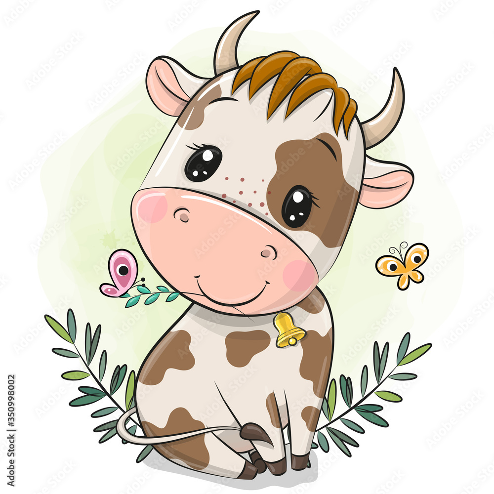 Cartoon little bull on a green background - obrazy, fototapety, plakaty 