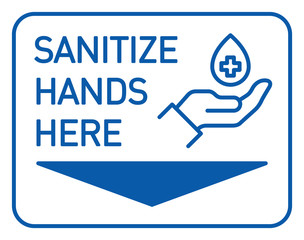 Wall Mural - navigation icon indicating the location of the wall dispenser with sanitizer for disinfection hands prevention from coronavirus covid 19, sanitize hands here with drop of antiseptic in palm hand icon