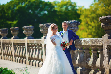 bride and groom wedding. Newlyweds in the park.