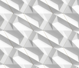 Wall Mural - 3d architecture wallpaper of geometry waves tiles, white metal modules with golden frayed edges. High quality seamless realistic texture.