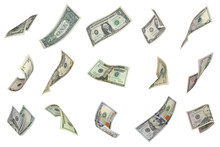 Flying Money On White Background. U.S. 100, 50, 20, 10, 5, 2, 1 Dollars Bills