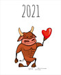 A ox, bull fun cartoon holds a heart in his hand, Valentine's Day greeting card, calendar. Ox ,bull, cow symbol of the 2021 new year.