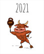 Ox,bull symbol of the 2021 new year, ox, bull bull lifts a weight, sports and fitness fun cartoon vector illustration for a postcard or calendar.