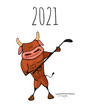 Ox ,bull symbol of the 2021 new year, ox, bull sports and fitness fun cartoon vector illustration for a postcard or calendar.