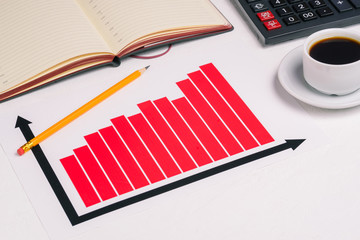 Office Desk with a chart, a calculator, open the diary and Cup of coffee. Company income, investments, and Finance. Business concept.