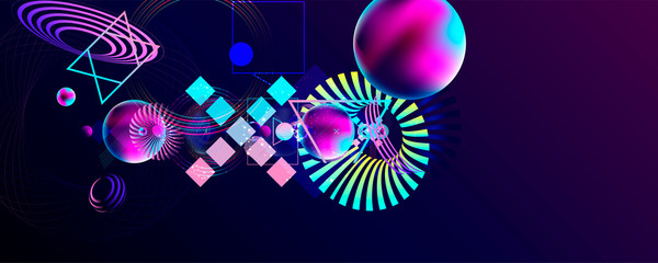Wall Mural - Dark retro futuristic art neon abstraction background cosmos new art 3d starry sky glowing galaxy and planets blue circles
