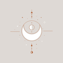 Poster - Mystical composition with a white crescent, arrows, stars vector illustration. Ethnic magic and astrological symbols in the style of Boho. Magical signs in a trendy linear style.
