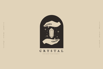 Poster - Logo template with hands and crystal vector illustration. Magic quartz stone sparkles and soars. Mystical retro symbols for spiritual practices of ethnic magic and astrological rites.