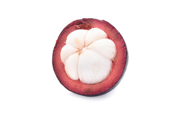 Wall Mural - ripe mangosteen with leaves isolated on white background closeup.