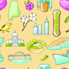 Wall Mural - Vector seamless pattern with Alabama's sighs ans sights infographics