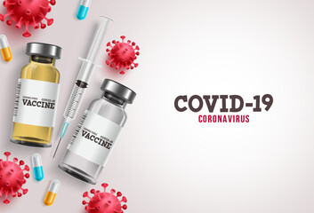 Covid-19 vaccine vector banner. Coronavirus covid-19 vaccine with syringe injection tools and space for text for the corona virus treatment in white background. Vector illustration.
