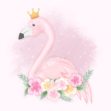 Cute Flamingo With Flowers, Hand Drawn Animal Watercolor Illustration