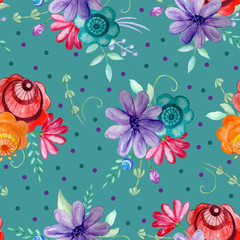 Wall Mural - Russian red and orange flowers pattern on a green background