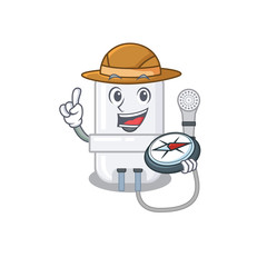 Sticker - mascot design concept of electric water heater explorer using a compass in the forest