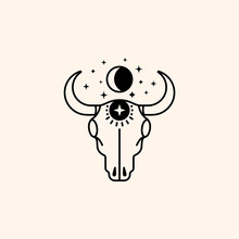 Mystical Cow Skull Logo With Moon And Stars In A Trendy Minimal Linear Style. Vector Emblem Symbol Of Witchcraft