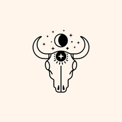 Mystical cow skull logo with moon and stars in a trendy minimal linear style. Vector emblem symbol of witchcraft