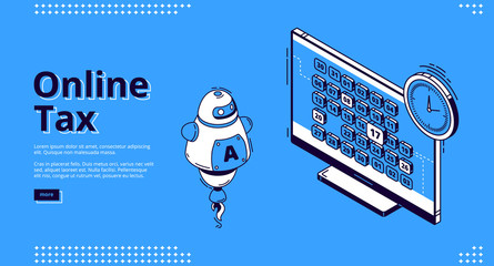 Online tax isometric landing page. Ai robot front of computer desktop with calendar and clock. Smart technology for banking accounting, application for internet taxation, 3d vector line art web banner