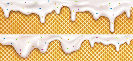 Realistic drip ice cream melted drops with sprinkles on waffle cone background. Melted white sweet liquid splashes, glossy cream border with dripping droplets, molten texture 3d vector illustration