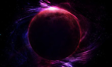 Abstract Space Illustration, 3d Image, Red Moon In A Bright Pink Nebula And The Radiance Of Stars