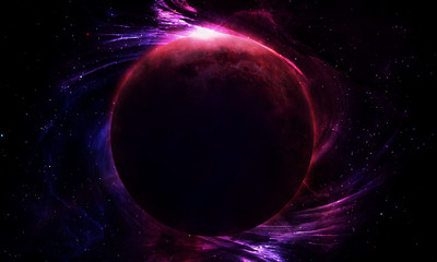 abstract space illustration, 3d image, red moon in a bright pink nebula and the radiance of stars