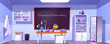 © klyaksun - Chemical laboratory, empty chemistry cabinet or classroom interior with blackboard, beakers for experiments on desk, furniture and scientific supplies. Educational room cartoon vector illustration