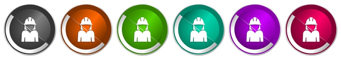Poster - Engineer icon set, worker, manager, employe silver metallic chrome border vector web buttons in 6 colors options for webdesign