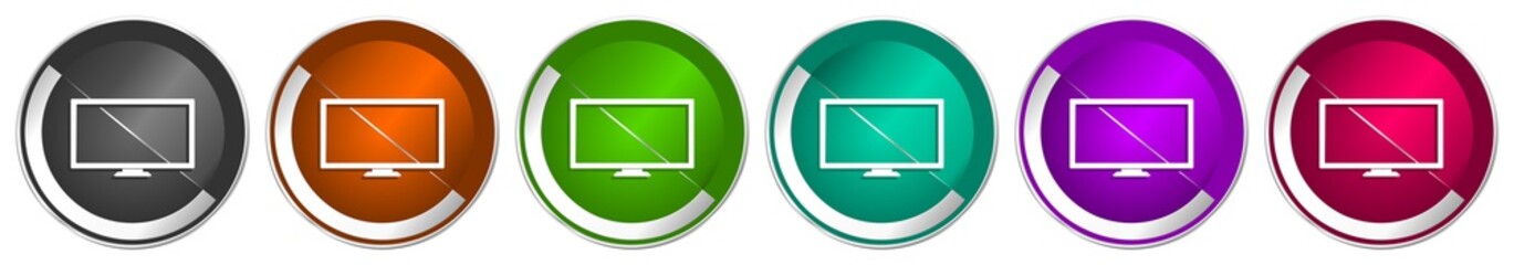 Leinwandbilder - Screen, tv icon set, silver metallic chrome border vector web buttons in 6 colors options for webdesign