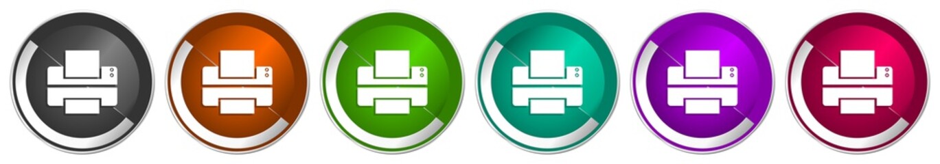Leinwandbilder - Printer icon set, print silver metallic chrome border vector web buttons in 6 colors options for webdesign