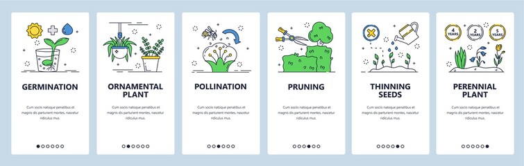 Flower gardening website and mobile app onboarding screens vector template
