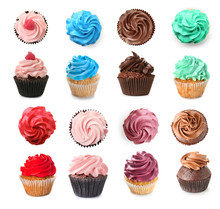 Many Tasty Colorful Cupcakes On White Background