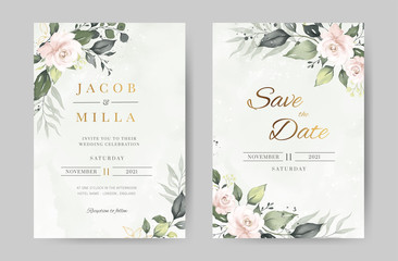 Rose watercolor wedding invitation template. Green leave and flower background with gold. Greeting card.