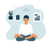 Young Man With Closed Eyes Staying Home, Enjoying Meditation. Boy Practicing Yoga, Mindfulness, Breath Control. Guy In Crossed Legs Pose Relax Sitting On Floor. Healthy Lifestyle Vector Illustration.