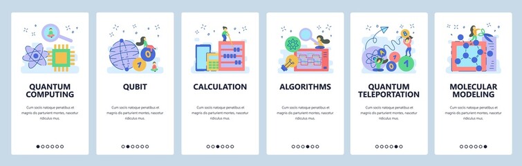 Wall Mural - quantum computing website and mobile app onboarding screens vector template